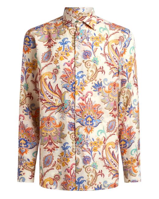 Etro Pink Paisley-Print Linen Shirt for men