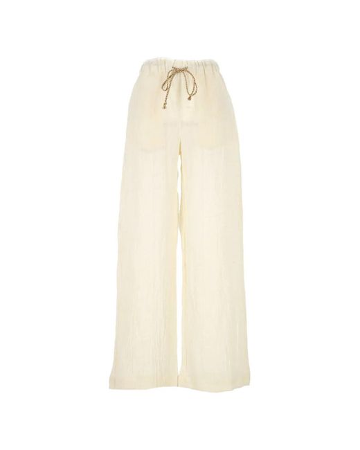 120% Lino White Drawstring Wide-Leg Trousers