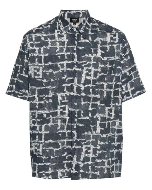 Fendi Blue `Ff Frayed Print` Short Sleeve Shirt for men