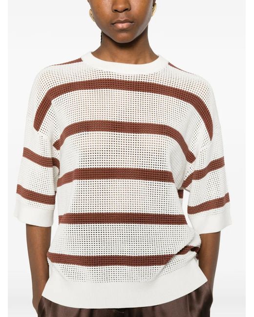 Pull Rayé À Design Perforé Brunello Cucinelli en coloris White