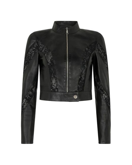 Philipp Plein Black Fitted Biker Jacket With Lace Inserts