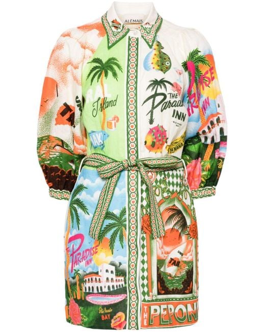 ALÉMAIS Green Paradiso Short-sleeved Linen Mini Dress