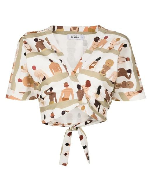 Amir Slama White Swimmer-Print Wrap-Front Cotton Shirt