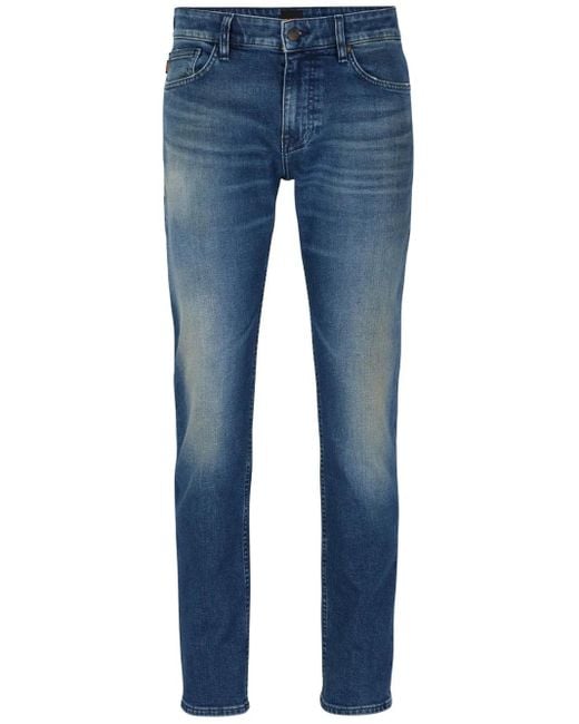 Boss Blue Logo-Patch Cotton Blend Straight-Leg Jeans for men