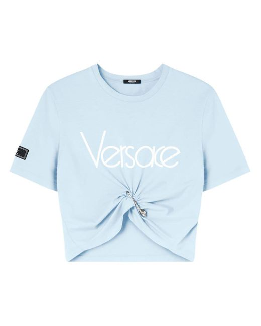 Versace Blue Cropped-T-Shirt mit Logo-Print