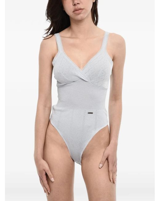 DSquared² White Pointelle-Knit V-Neck Bodysuit