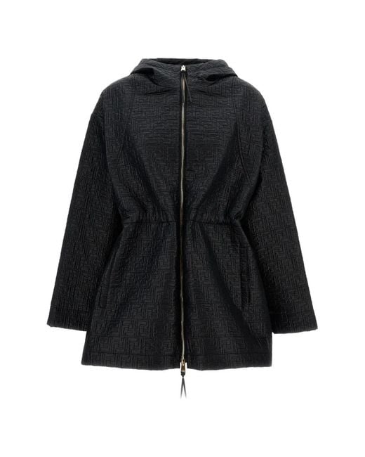 FENDI フード付きブラック　ラムレザージャケット Fendi レディース ブラック モノグラム フーデッド ジャケット 【公式
