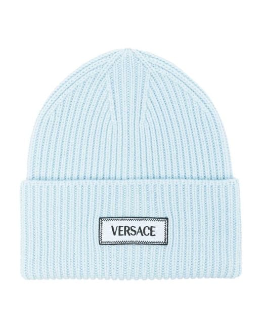 Versace Blue Logo-patch Ribbed Beanie