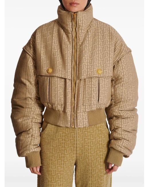 Balmain Natural Monogram Jacquard Cropped Puffer Jacket