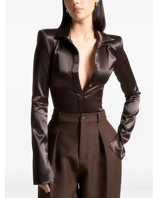 Manière De Voir Brown Wide Shoulder Satin Shirt Bodysuit