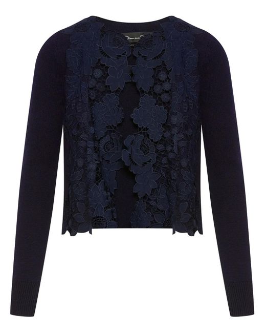 Oscar de la Renta Blue Mixed Botanical Lace-Panelled Cardigan