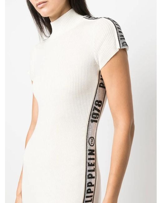 Philipp Plein White Rhinestone-Logo Ribbed Wool Midi Dress