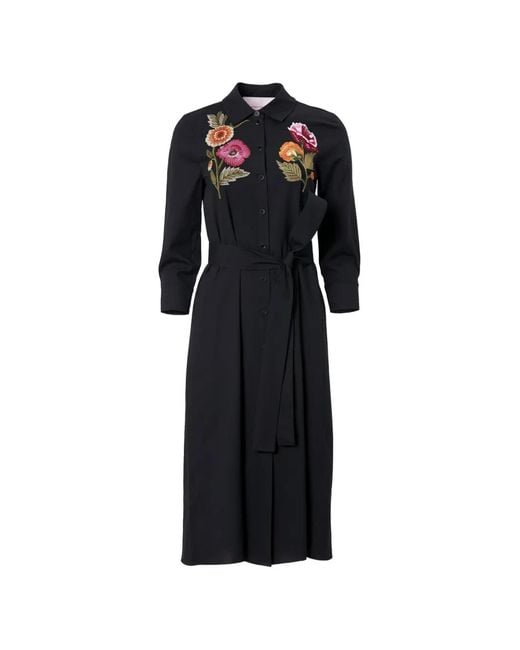 Carolina Herrera Black Floral Embroidered 3/4-Sleeve Midi Shirtdress