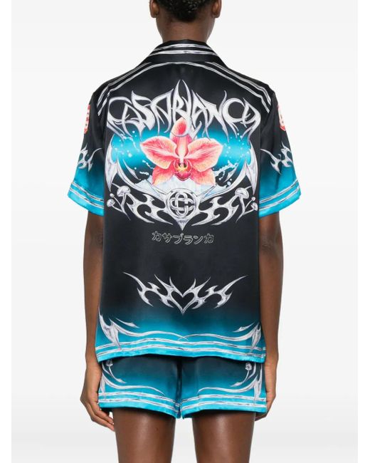 Casablanca Blue Orchid-Print Silk Shirt