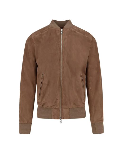 DFOUR® Brown Ribbed-Trim Zip-Up Suede Bomber Jacket for men