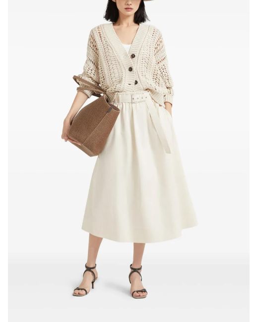 Brunello Cucinelli Natural Stretch Cotton Gabardine Belted Circle Skirt