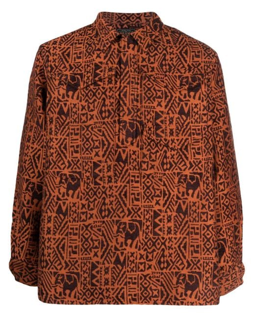 Beams Plus Brown Batik-pattern Jacquard Shirt for men