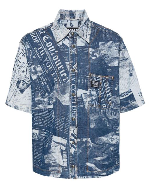 Versace Blue Magazine-print Denim Shirt for men