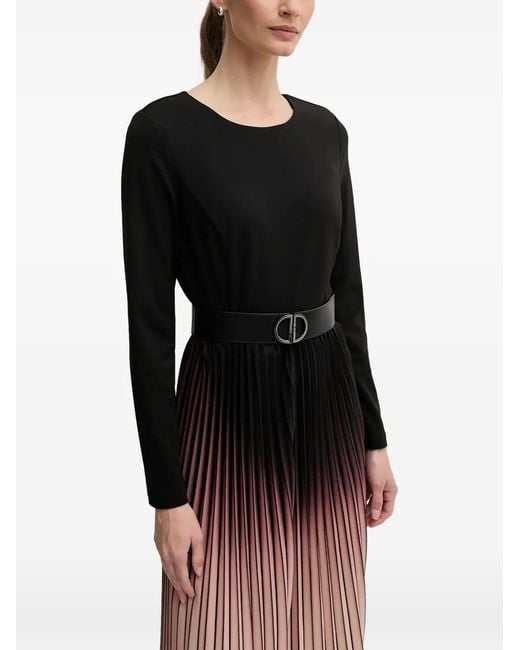 DKNY Black Pleated Belted Midi Dress