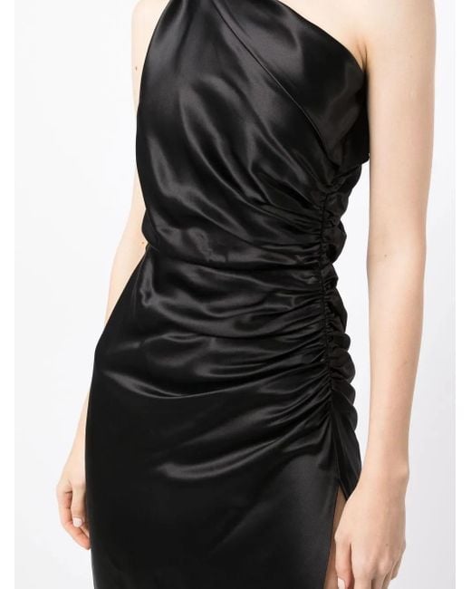 Michelle Mason Black Gathered-Detail One-Shoulder Silk Gown