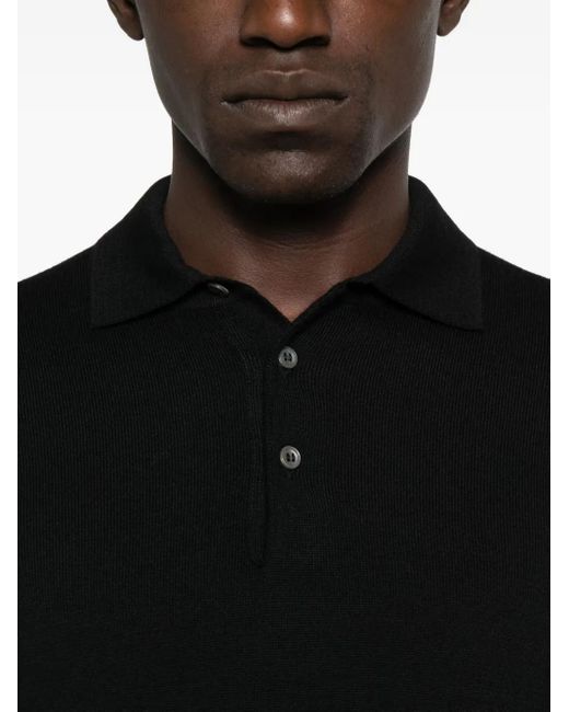 Tagliatore Black Wool Polo Ribbed Hem for men