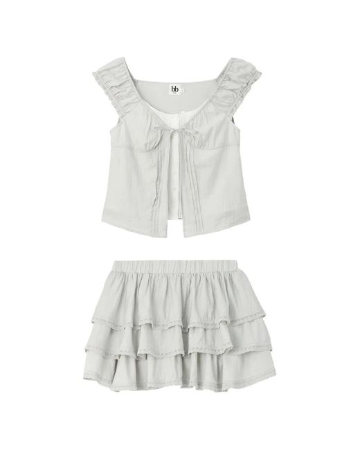 B+ AB White Ensemble Blouse-Minijupe À Volants Superposés