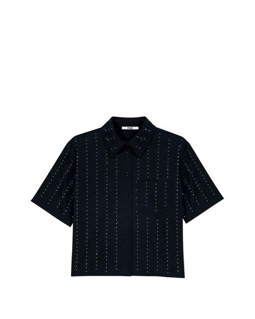 Maje Blue Cropped Rhinestone Cotton Shirt