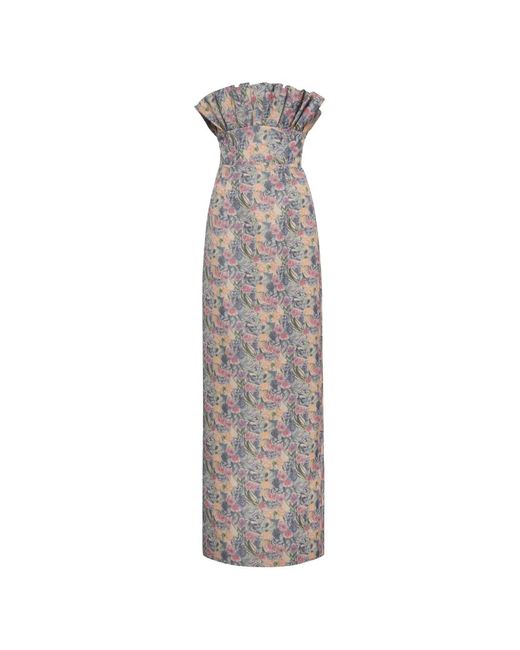 Markarian White Ruffled Bodice Floral Maxi Dress