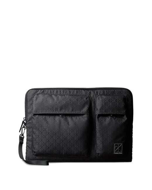 Calvin Klein Black Monogram-Pattern Laptop Bag for men