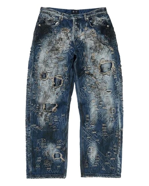 THUG CLUB Blue Combat Casualty Care Distressed Ripped Jeans for men