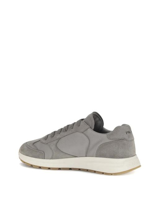 Prada Gray Logo-Plaque Suede-Panelled Sneakers for men