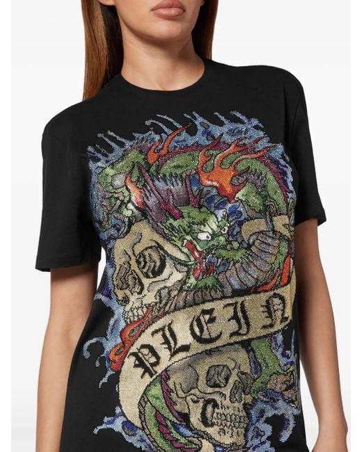 Philipp Plein Black Tattoo Crystal T-Shirt Dress