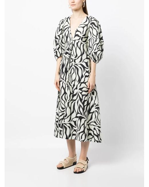 Cala De La Cruz White Botanical-Print Button-Up V-Neck Dress