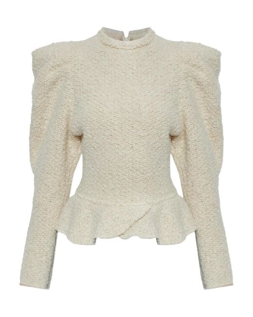Isabel Marant White Giamili Ruffled-Hem Puff-Sleeve Top