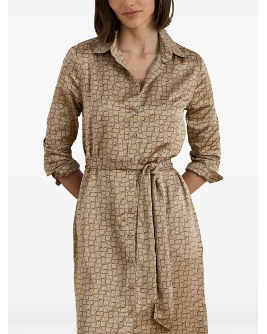 Ralph Lauren Natural Monogram-Print Belted Shirt Midi Dress