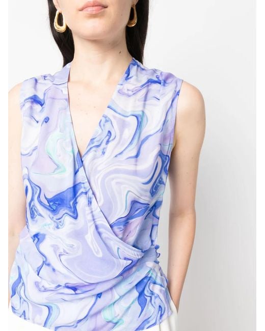 BCBGMAXAZRIA Blue Marbled-Pattern Sleeveless Blouse