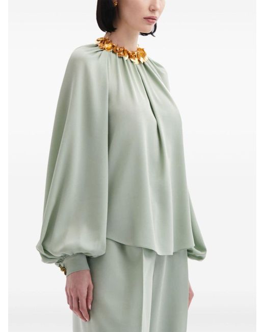 Oscar de la Renta Green Embellished-collar Georgette Blouse