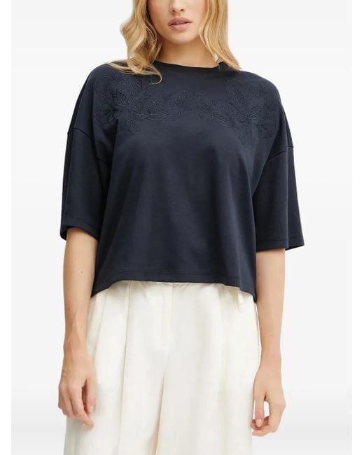 Boss Blue Floral-Embroidered T-Shirt