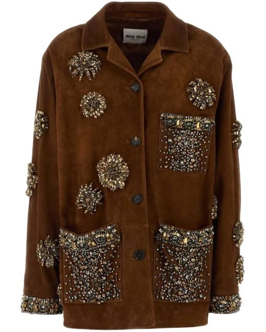 Miu Miu Brown Crystal-Embellished Leather Jacket