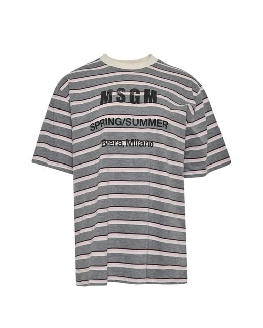 MSGM Gray Striped Logo-Print T-Shirt