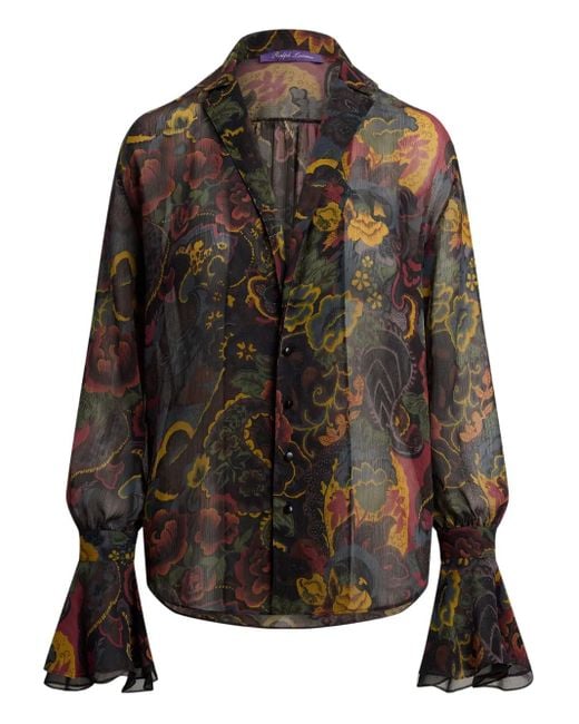 Ralph Lauren Brown Blouse Fleurie À Manches Longues Évasées