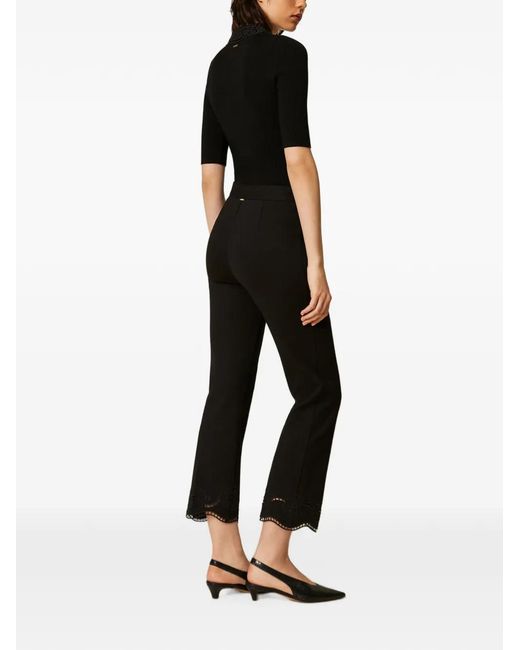 Twinset Black Straight Trousers With Broderie Anglaise
