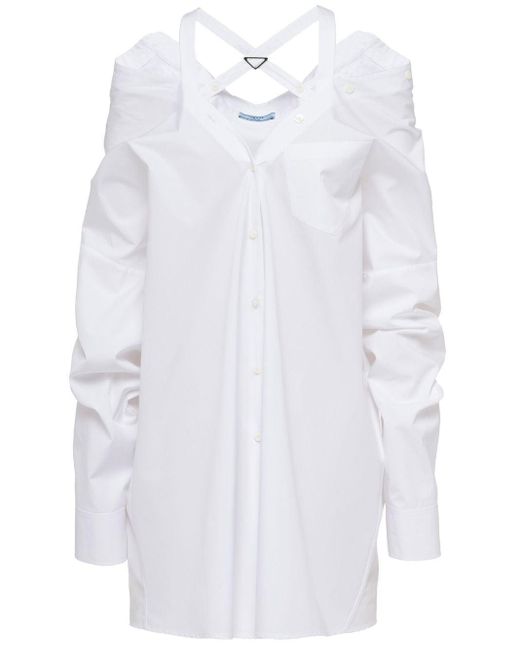 Robe-chemise en coton à épaule dénudées Prada en coloris White