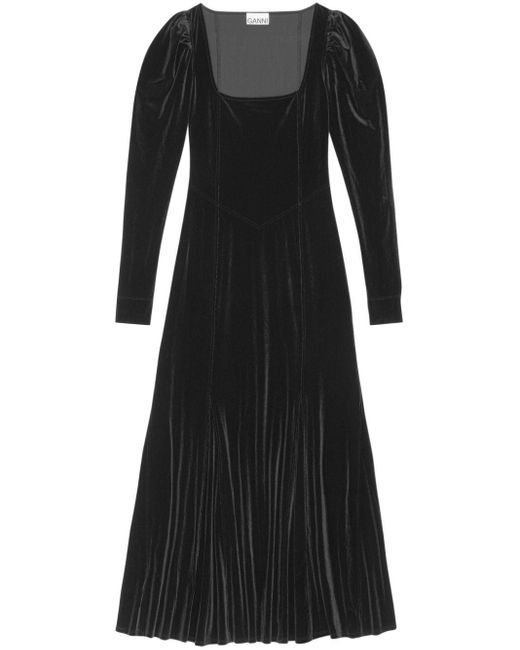 Robe longue en velours à encolure carrée Ganni en coloris Black