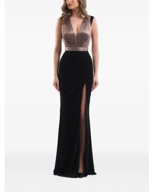 IMROSKA Black Plissé-Effect Side-Slit Maxi Dress