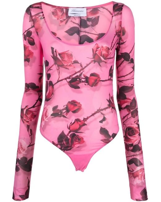 Blumarine Pink Floral-Print Long-Sleeve Bodysuit