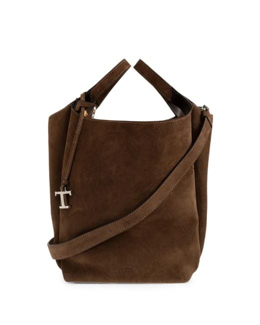 Tod's Brown T Timeless Suede Tote Bag