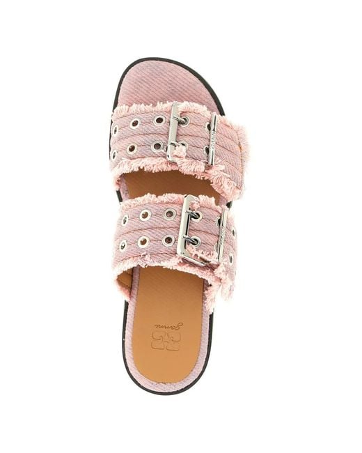 Ganni Pink Fringed Denim Buckle Cameo Textile Sandals