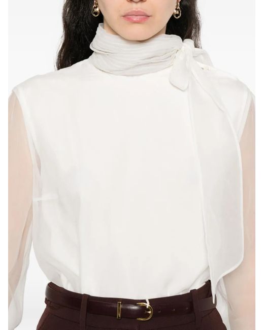 Brunello Cucinelli White Bow-Detail Long-Sleeve Blouse
