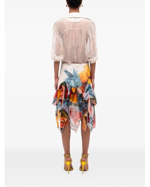 Donde Esteban White Ruffled Chiffon Silk Midi Skirt